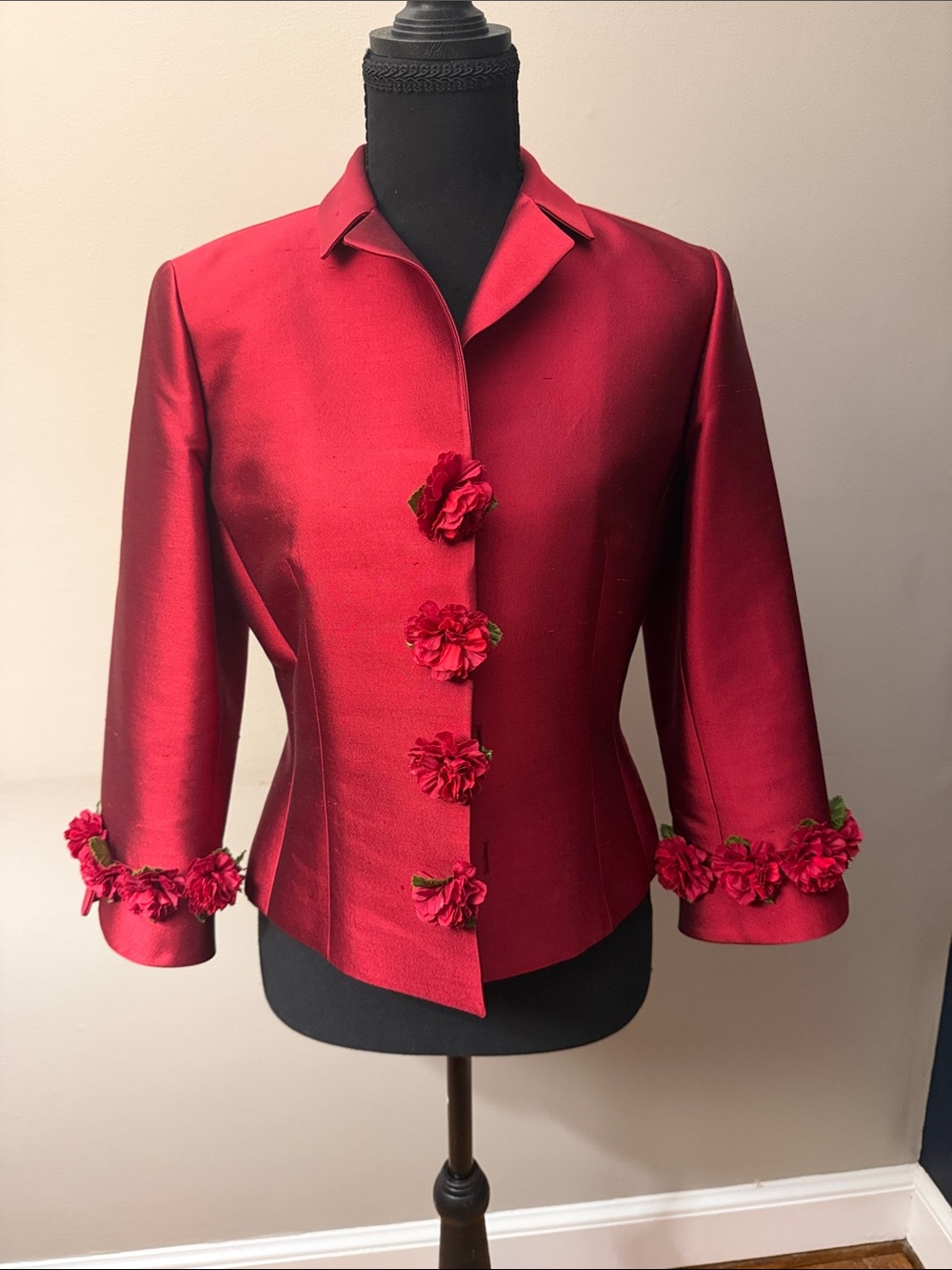 Rochelle Freeman for Teri Jon Silk Wool Red Floral Jacket Blazer Size 4